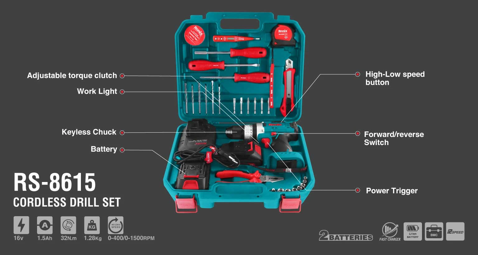 Akku-Bohrschrauber-Set 16 V (33-teilig)