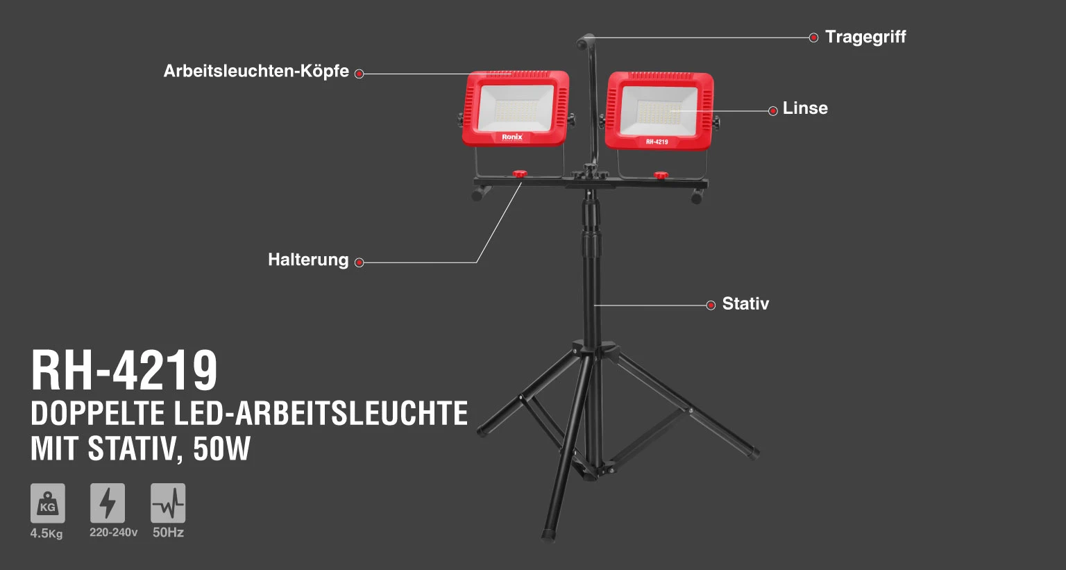 Doppel-LED-Arbeitsleuchte mit Stativ, 50 W – Bild 3